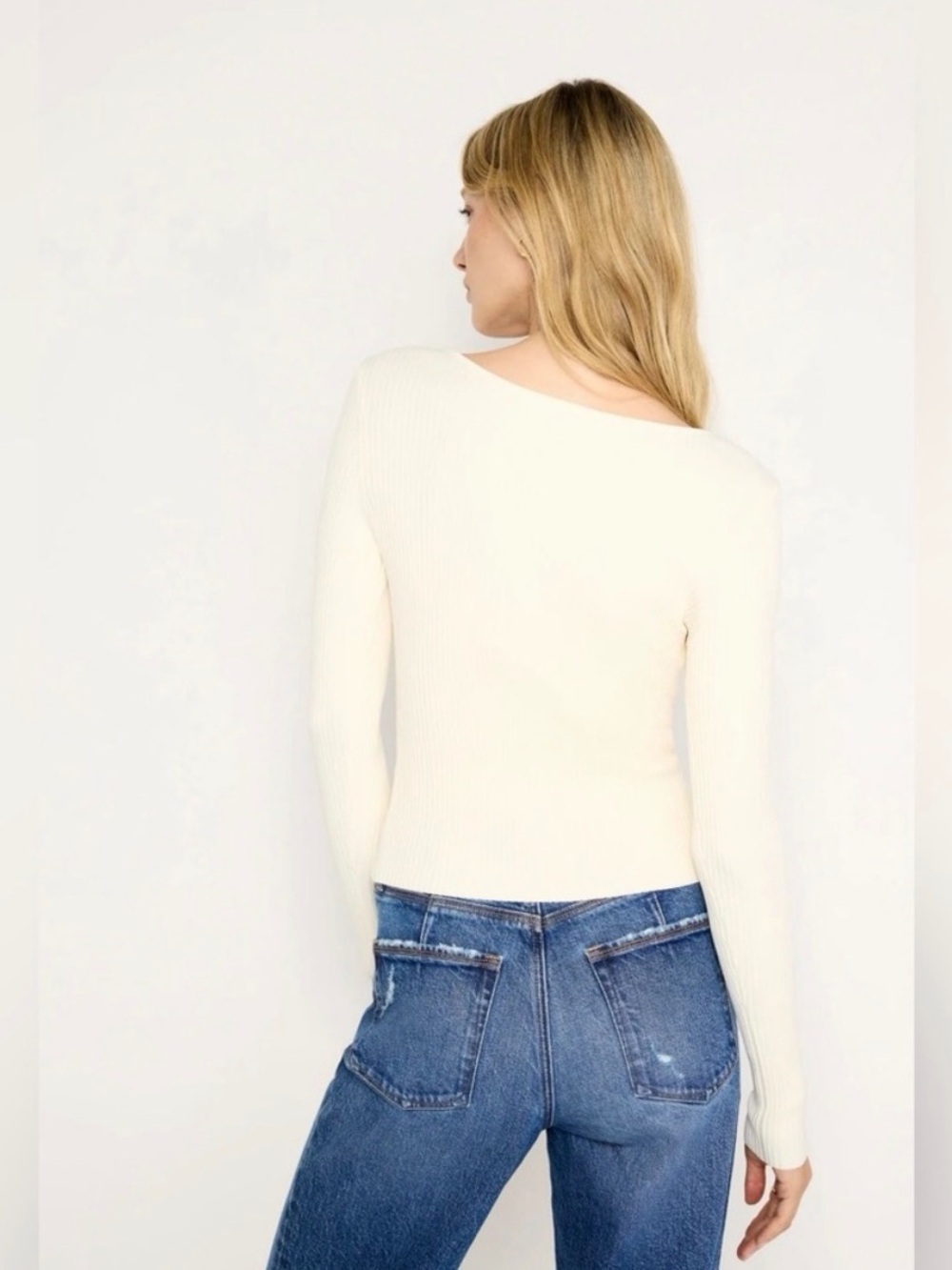 Good American Cream Ribbed Zip-Front V-Neck Sweater - Picture 3 of 5